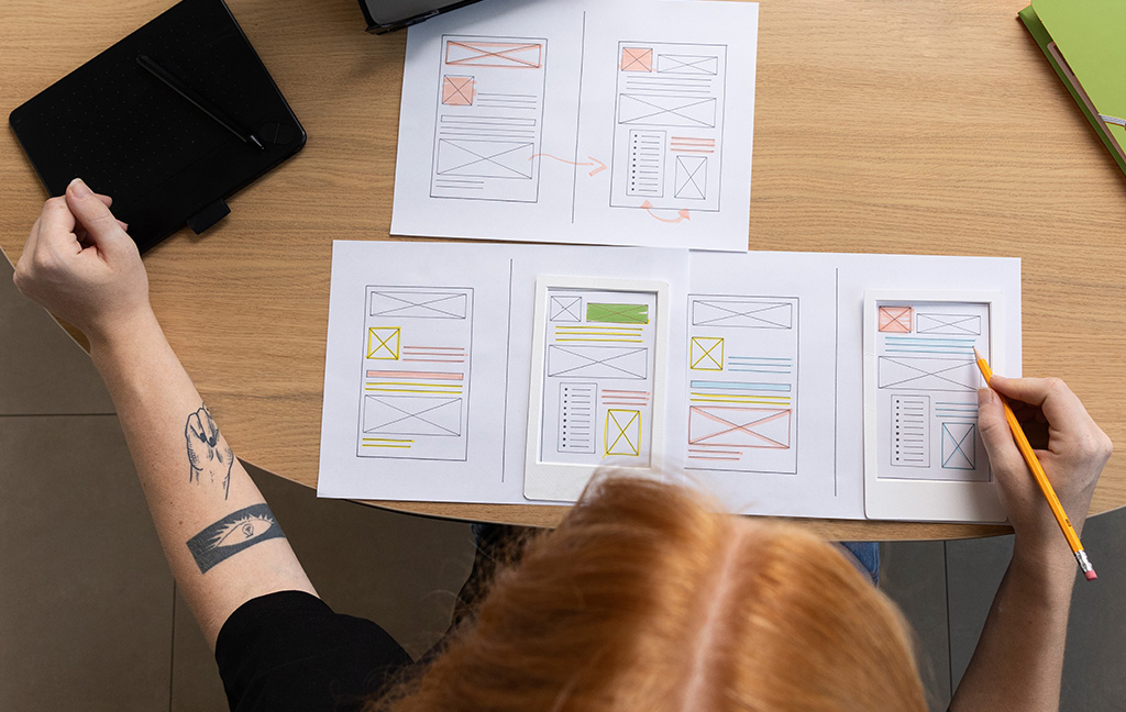 Mujer trabajando estrategias de marketing en hojas impresas